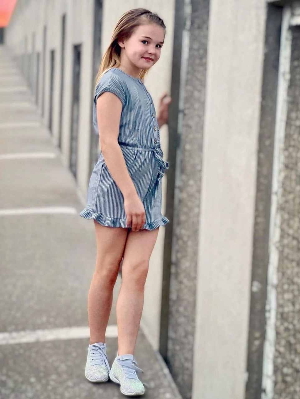 Hayden Los Angeles - Girls Button-Up Stripe Knit Romper