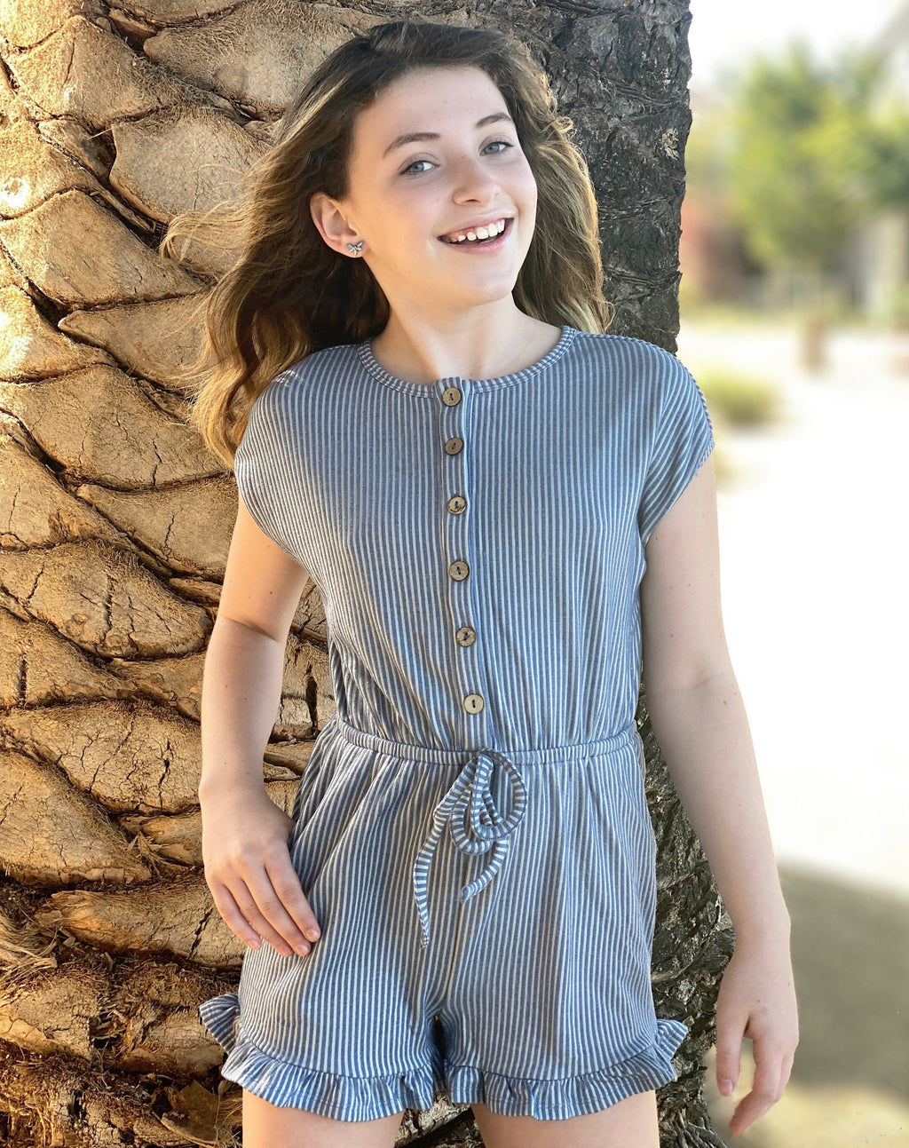 Hayden Los Angeles - Girls Button-Up Stripe Knit Romper