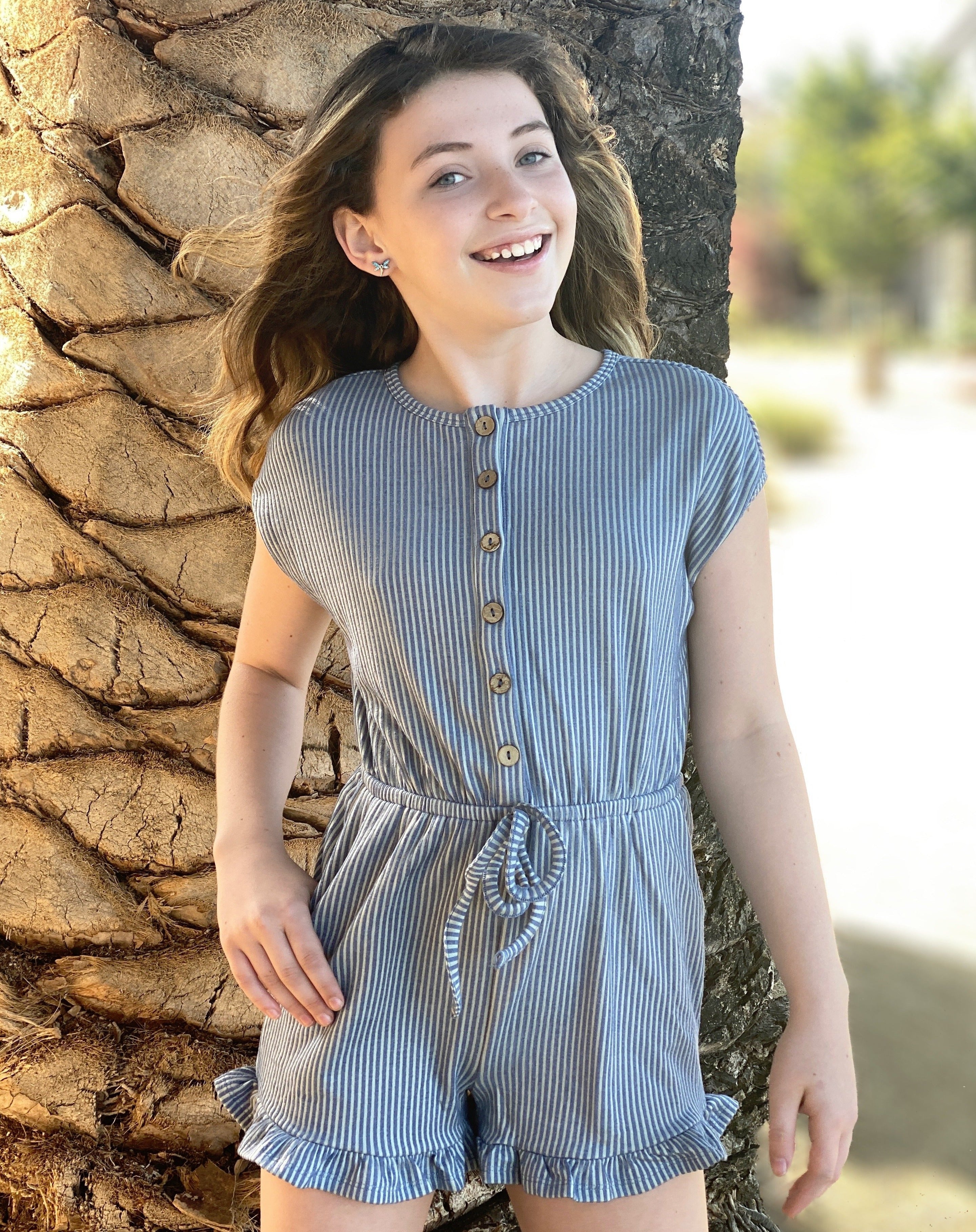 Hayden Los Angeles - Girls Button-Up Stripe Knit Romper