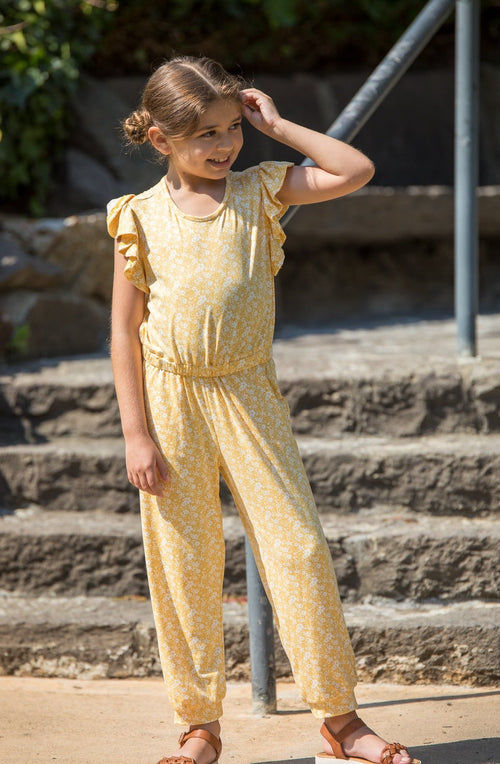 12PM By Mon Ami - Floral Ruffle Sleeves Jumpsuit in Yellow